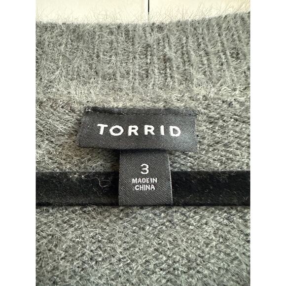 Torrid Gray Cozy Fuzzy Sweater with White/ Sliver Scallop Stitching Stripes - Picture 2 of 7
